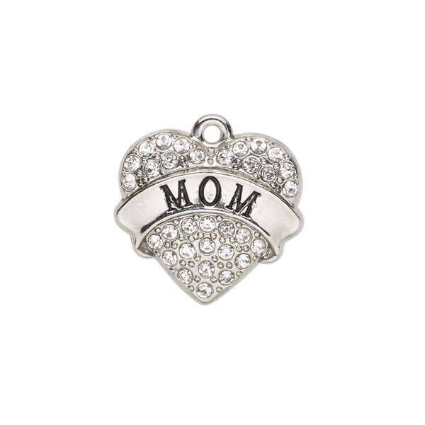 Charm, glass / enamel / silver-finished "pewter" (zinc-based alloy), clear and black, 20x18mm single-sided heart with "MOM." Sold individually. image number 0