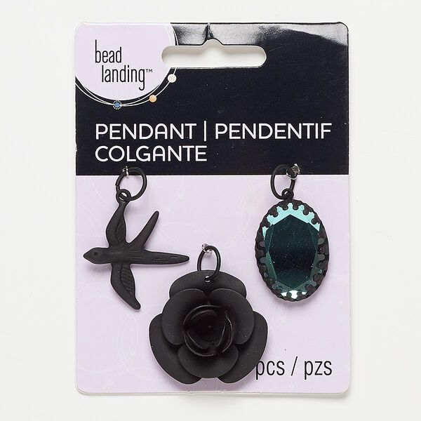 Focal / charm / drop, glass / steel / "pewter" (zinc-based alloy), black and blue, 26x19mm faceted oval / 28x27mm matte bird / 30x29mm matte rose. Sold per pkg of 3. image number 0