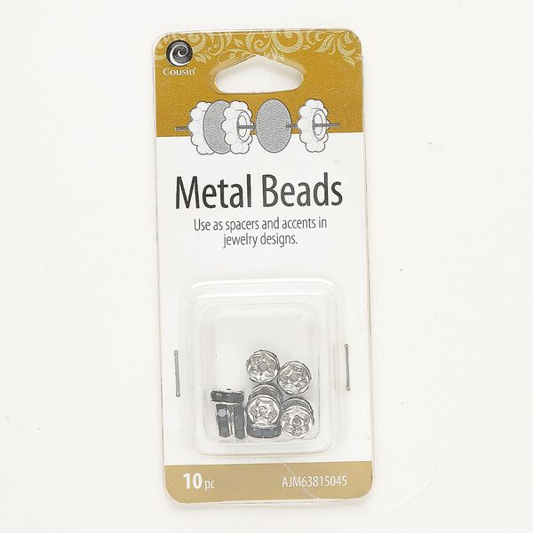 Bead, silver-finished brass and glass, black, 7x3mm rondelle. Sold per pkg of 10. image number 0