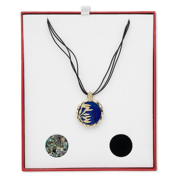 Necklace, multi-strand, gold-finished sterling silver / black leather / multi-gemstone / shell, multicolored, (3) 43x33mm reversible and interchangeable pendants, 18 inches with lobster claw clasp and 2-inch extender chain. Sold individually. image number 0