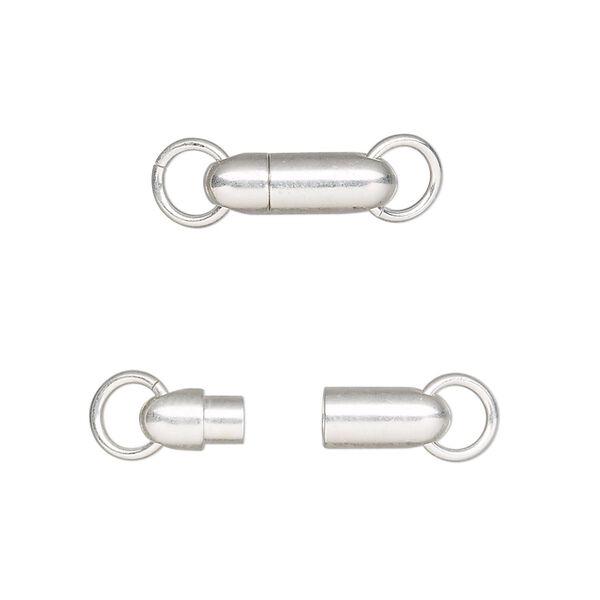 Clasp, magnetic bullet, sterling silver, 14x5mm with 6mm jump ring. Sold individually. image number 0