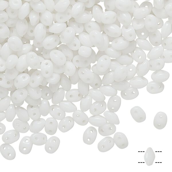 Bead, Preciosa Twin™, Pressed Twin, Czech pressed glass, white, 5x2.5mm oval with 2 holes. Sold per 10-gram pkg. image number 0
