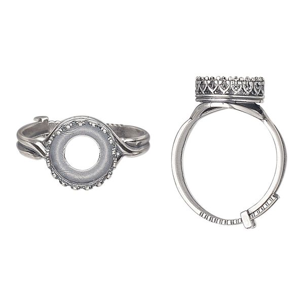 Ring, JBB Findings, antique silver-plated brass, 12mm wide with decorative trim and 10mm round bezel setting, adjustable from size 8-11. Sold individually. image number 0