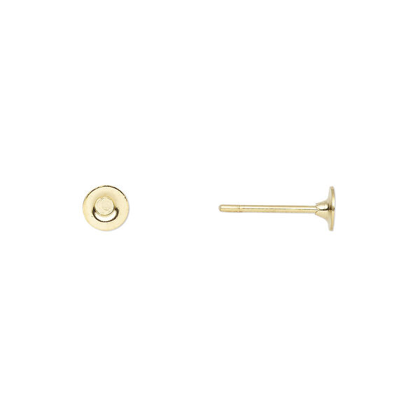Earstud, gold-plated brass and steel, 4mm flat pad. Sold per pkg of 50 pairs. image number 0
