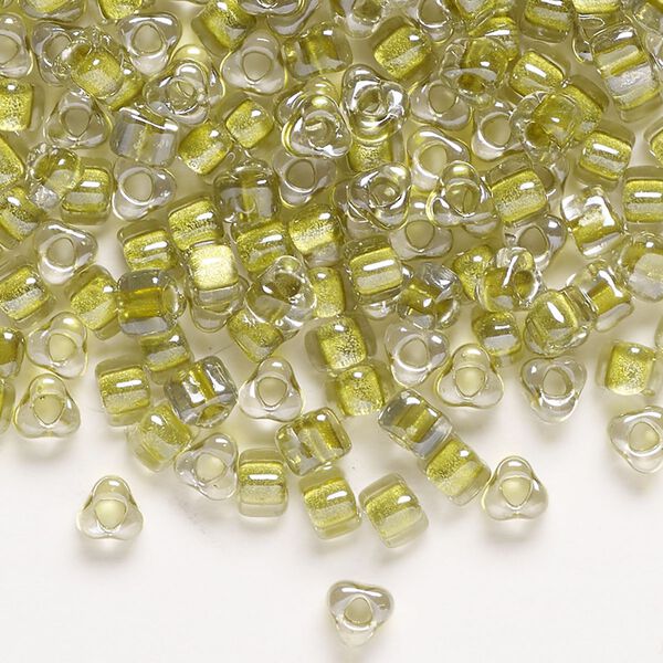 Seed bead, Miyuki, glass, transparent clear color-lined yellow green, (1125), #5 triangle. Sold per 25-gram pkg. image number 0