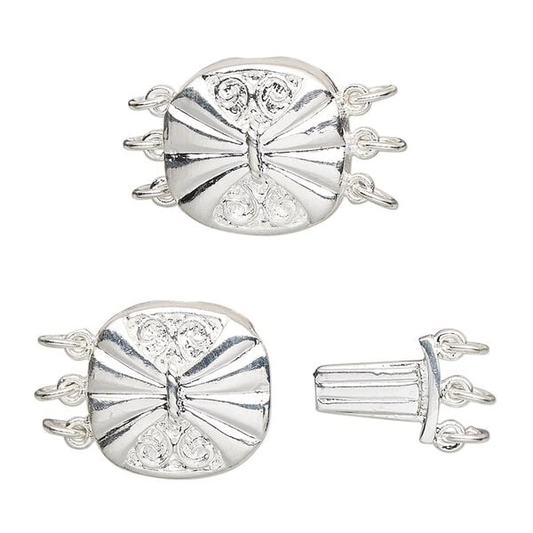 Clasp, 3-strand tab, silver-plated brass, 15x14.5mm filigree round with butterfly design. Sold per pkg of 4. image number 0