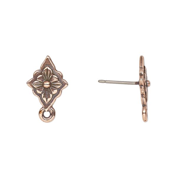 Earstud 1pkg2 TierraCast® antique copper-plated / pewter (tin-based alloy), 14x10mm scalloped diamond / reina, 21 gauge 1 pair image number 0