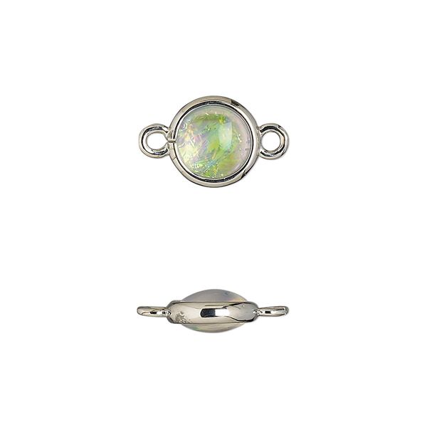 Link, Opalized Ice™, "opal" (resin) and imitation rhodium-finished brass, opaque white, 9.5mm double-sided round. Sold per pkg of 6. image number 0