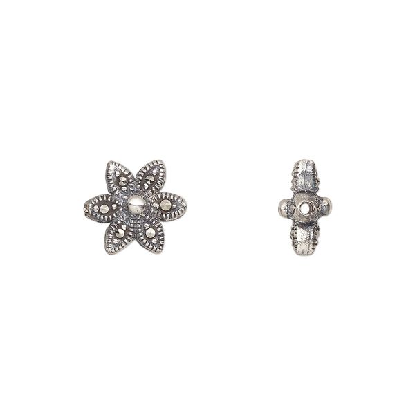 Bead, sterling silver and marcasite, 11x11mm double-sided flower. Sold individually. image number 0