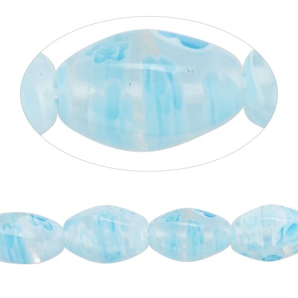 Bead, millefiori glass, translucent clear / light blue / white, 12x8mm 6-sided twisted oval with flower design. Sold per 14-inch strand. image number 0