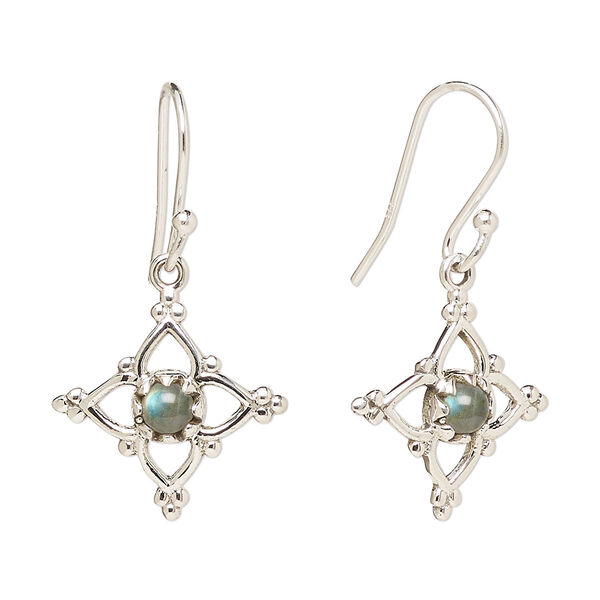 Ear wire, Create Compliments®, antiqued sterling silver and labradorite (natural), fishhook, 32mm with 17mm single-sided open beaded diamond, 21 gauge. Sold per pair. image number 0