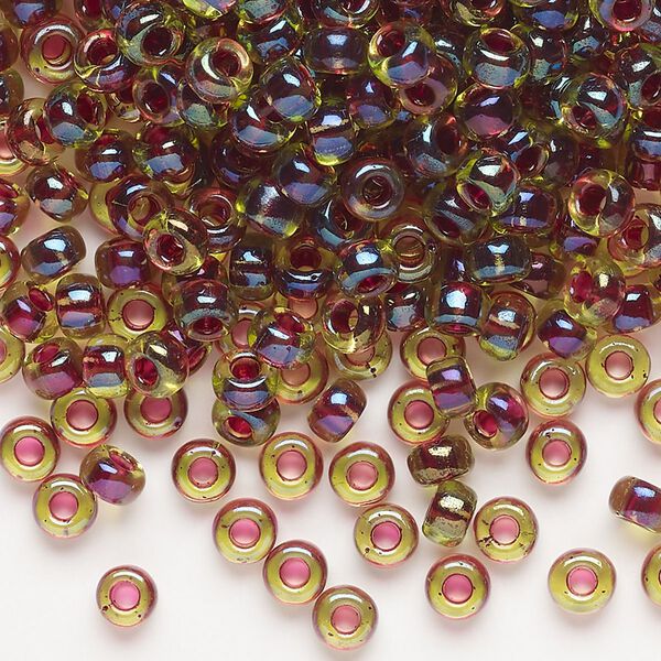 Seed bead, Miyuki, glass, pkg/25g, #6 rocaille, translucent wine-lined luster peridot (RR-336). image number 0