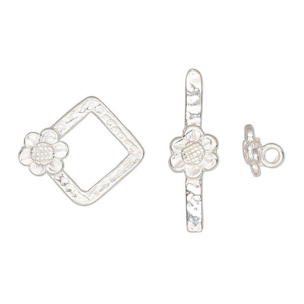 Clasp, JBB Findings, toggle, sterling silver, 18.5x16.5mm diamond with flower. Sold individually. image number 0