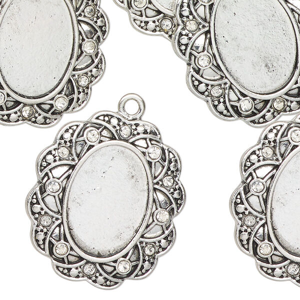Drop, antique silver finish "pewter" (zinc-based alloy), 26x23mm scalloped oval with 16.5x11.5mm oval setting. Sold per pkg of 6. image number 0