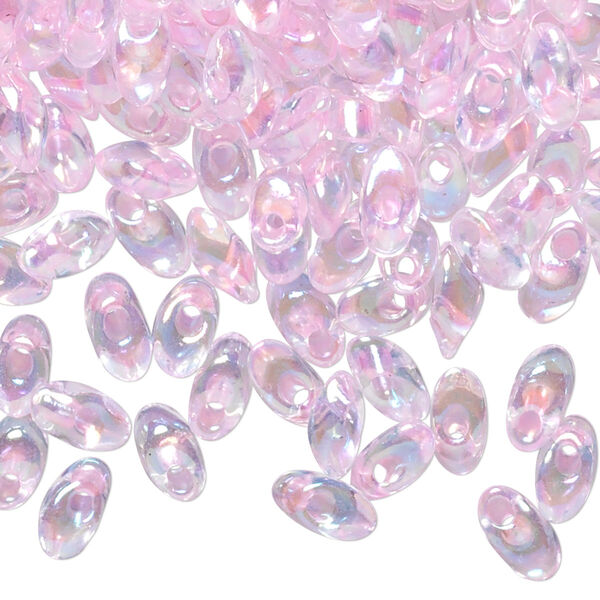 Seed bead, Miyuki, glass, pkg/250g, 7x4mm long magatama, translucent luster rainbow clear/pink, (LMA-2144). image number 0