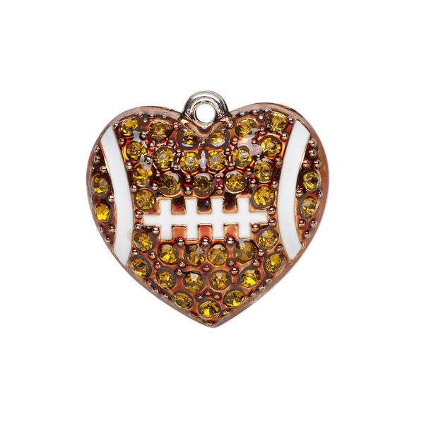 Charm, glass / painted enamel / silver-finished "pewter" (zinc-based alloy), copper / brown / white, 25.5x23mm single-sided domed football heart. Sold individually. image number 0