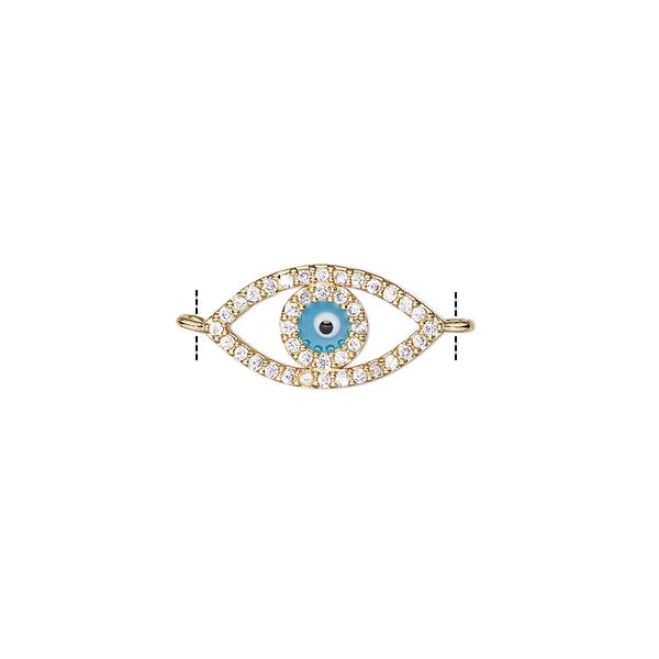 Link, gold-finished brass / cubic zirconia / enamel, multicolored, 16x8mm single-sided eye. Sold individually. image number 0