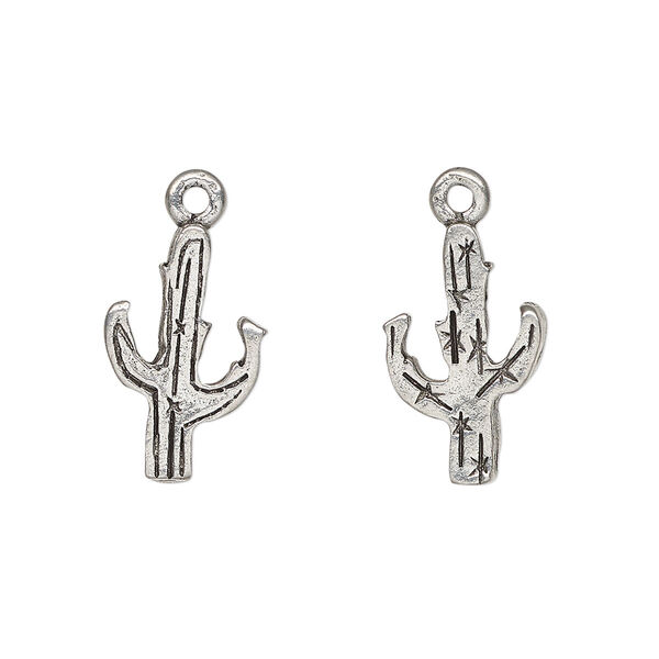Charm, antiqued pewter (tin-based alloy), 17.5x11mm double-sided cactus. Sold per pkg of 2. image number 0