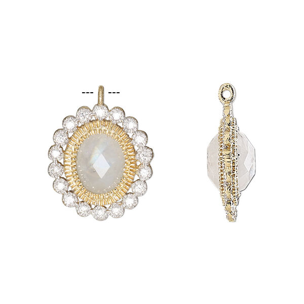 Drop, rainbow moonstone (natural) / cubic zirconia / gold-finished sterling silver, clear, 17x15mm single-sided faceted oval. Sold individually. image number 0