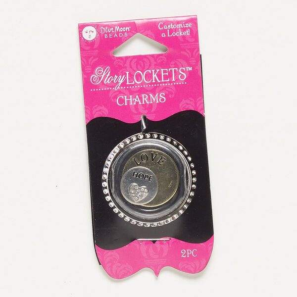 Charm mix, glass rhinestone / enamel / antique gold- / antique silver-finished steel, 21mm undrilled flat round with "LOVE" and 14mm undrilled flat round "HOPE" and heart design. Sold per pkg of 2. image number 0