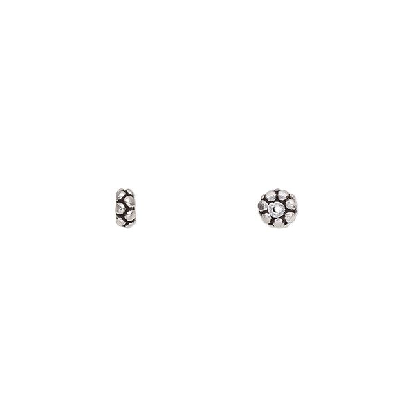Bead, antiqued Rajasthani sterling silver, 4x2mm beaded rondelle. Sold per pkg of 10. image number 0