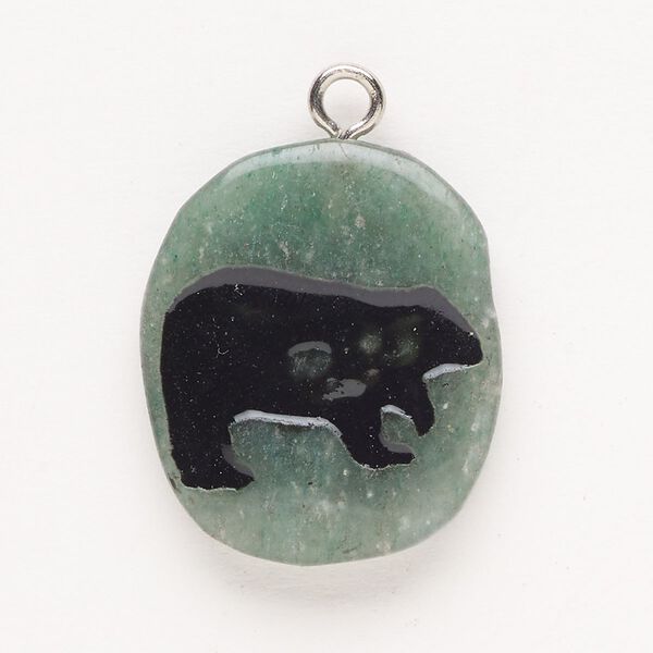 Focal, steel/green aventurine (natural)/enamel, pkg/1, silver finish and black, 30x24mm-39x27mm single-sided puffed freeform with bear, B grade. image number 0