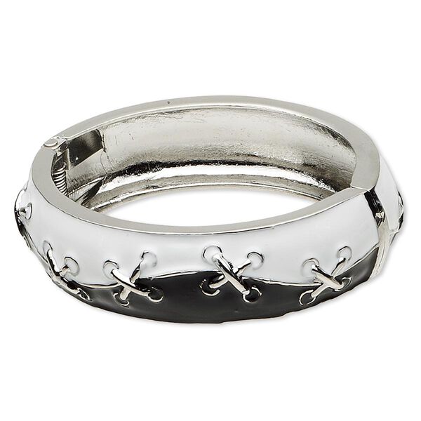 Bracelet, hinged bangle, epoxy and rhodium-finished "pewter" (zinc-based alloy), black and white, 20mm wide with raised crisscross design, 6 inches. Sold individually. image number 0