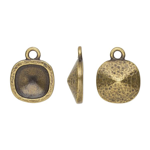 Drop, TierraCast®, Almost Instant Jewelry®, antique brass-plated pewter (tin-based alloy), 13mm hammered square with 10mm cushion glue-in setting (4470). Sold per pkg of 20. image number 0