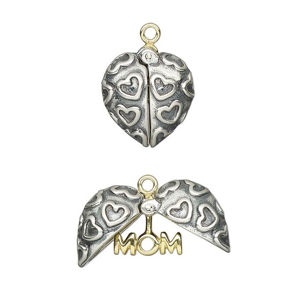 Charm, antiqued and gold-finished sterling silver, gold 15x13.5mm single-sided winged puffed heart with heart design and inner heart with "MOM." Sold individually. image number 0