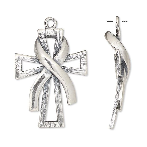 Focal, JBB Findings, antiqued sterling silver, 30x22mm single-sided cross with awareness ribbon. Sold individually. image number 0