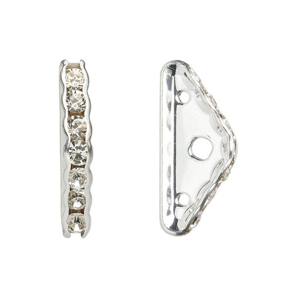 Spacer, glass rhinestone and silver-plated brass, crystal, 22x3.5mm 3-strand triangle bridge, fits up to 7mm bead. Sold per pkg of 10. image number 0