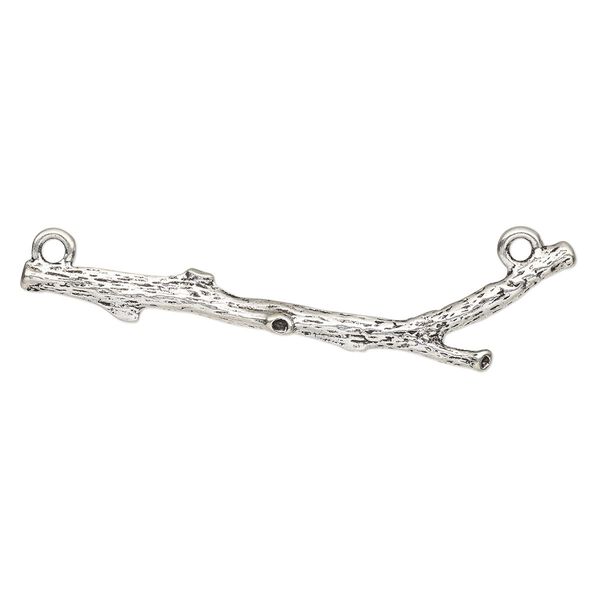 Focal, antique silver-finished pewter (tin-based alloy), 3 x 3/4 inch 3D branch with 2 loops. Sold individually. image number 0