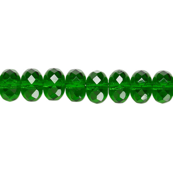 Bead, Czech fire-polished glass, translucent emerald green, 9x5mm faceted rondelle. Sold per 15-1/2" to 16" strand. image number 0