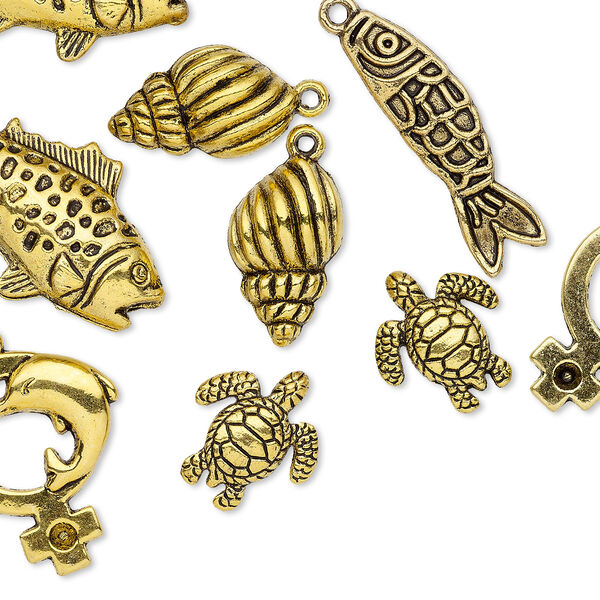 Bead and charm, antique gold-finished "pewter" (zinc-based alloy), 18x16mm-34x20mm assorted sea creature. Sold per pkg of 10. image number 0