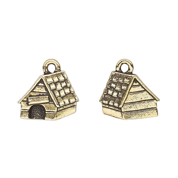 Charm, TierraCast®, "Spot and Whiskers" collection, antique gold-plated pewter (tin-based alloy), 15x12mm two-sided dog house. Sold per pkg of 2. image number 0