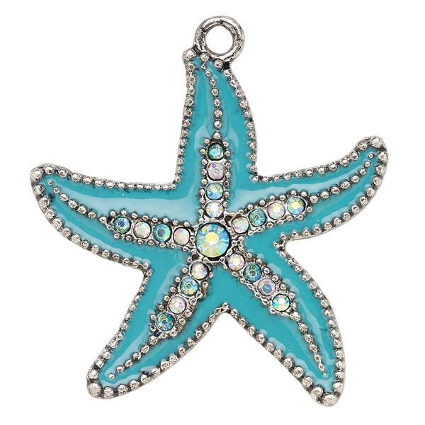 Focal, enamel / glass rhinestone / antique silver-finished "pewter" (zinc-based alloy), clear AB and blue, 40x40mm starfish. Sold individually. image number 0