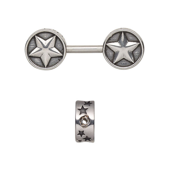 Bead, antiqued stainless steel, 30x10.5mm dumbbell with star design. Sold individually. image number 0