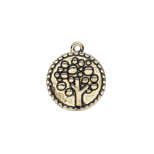 Drop, antique gold-finished "pewter" (zinc-based alloy), 18mm single-sided round with tree design. Sold per pkg of 4. image number 0