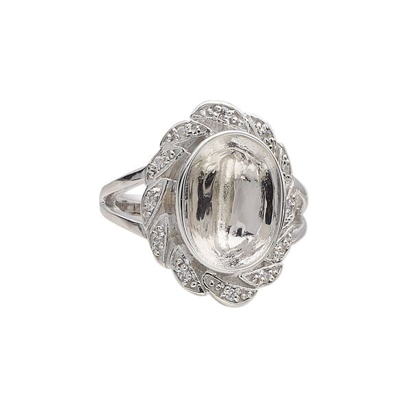 Ring, Almost Instant Jewelry®, rhodium-plated sterling silver and cubic zirconia, clear, 21.5mm wide with fancy design and 14x10mm oval glue-in setting, size 9. Sold individually. image number 0