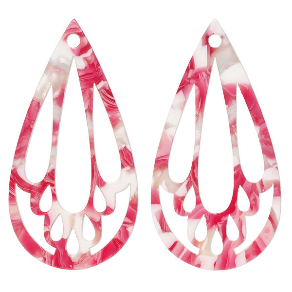 Focal, resin, pink / red / white, 49x25mm teardrop with cutouts. Sold per pkg of 4. image number 0