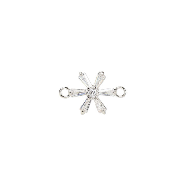 Link, cubic zirconia and silver-plated brass, clear, 11x10mm single-sided flower. Sold per pkg of 2. image number 0