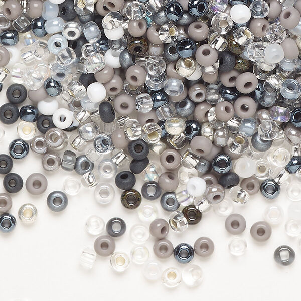 Seed bead mix, Preciosa Czech glass, pkg/50g, #8 round, opaque to transparent luster black, grey, clear and white. image number 0