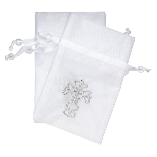 Pouch, satin / organza / acrylic, silver / clear / white, 4-3/4  x 3-1/4 inch rectangle with embroidered cross and drawstring closure with 8mm round bead. Sold per pkg of 2. image number 0