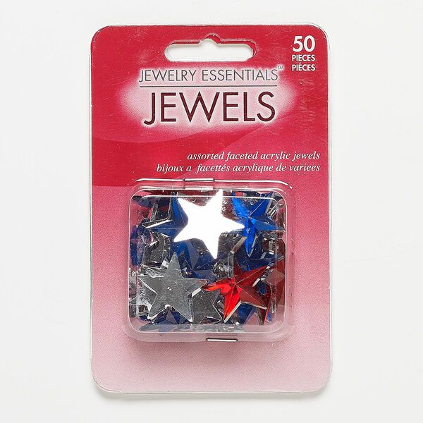 Flat back mix, acrylic, red / blue / clear, 15x14mm-21x20mm faceted star. Sold per pkg of 50. image number 0