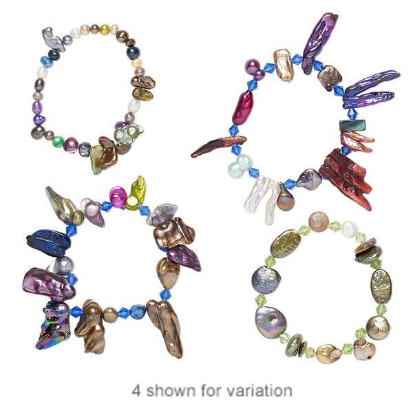 Bracelet, stretch, cultured freshwater pearl (bleached / dyed) and glass, multicolored, 6-32mm wide, 8 inches. Sold individually. image number 0