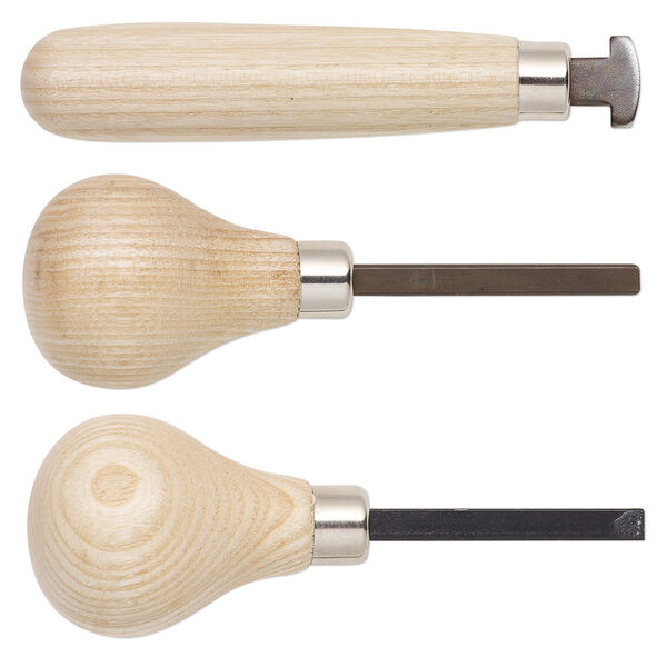 Tool set, steel and white ashwood, brown, 3-2/3 inch bezel pusher / 3-5/8 inch prong pusher / 4-3/4 inch bezel roller. Sold per 3-piece set. image number 0