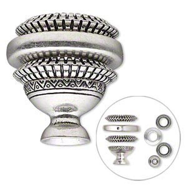 Scarf jewelry component, antique silver-plated "pewter" (zinc-based alloy) and silver-coated plastic, 28mm overall with 13mm hole. Sold per pkg of (2) 4-piece sets. image number 0