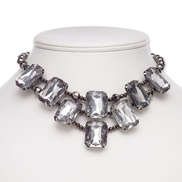 Necklace, glass / acrylic / gunmetal-coated plastic / gunmetal-plated steel, clear, rectangle, 15 inches with 3-inch extender chain and lobster claw clasp. Sold individually. image number 0