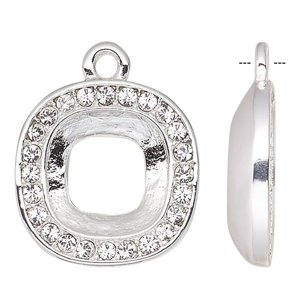 Drop, Almost Instant Jewelry®, crystals and silver-plated "pewter" (zinc-based alloy), crystal clear, 15.5mm rounded square with 10mm cushion setting. Sold individually. image number 0