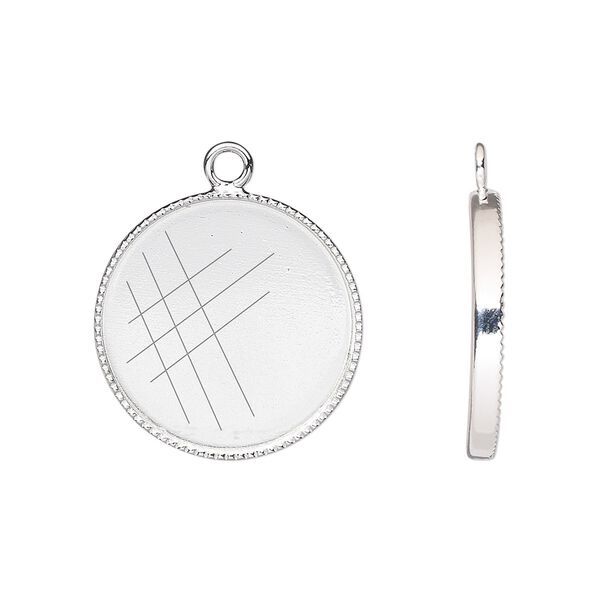 Drop, silver-plated brass, 19mm round with beaded edge and 18mm round bezel cup setting. Sold per pkg of 6. image number 0